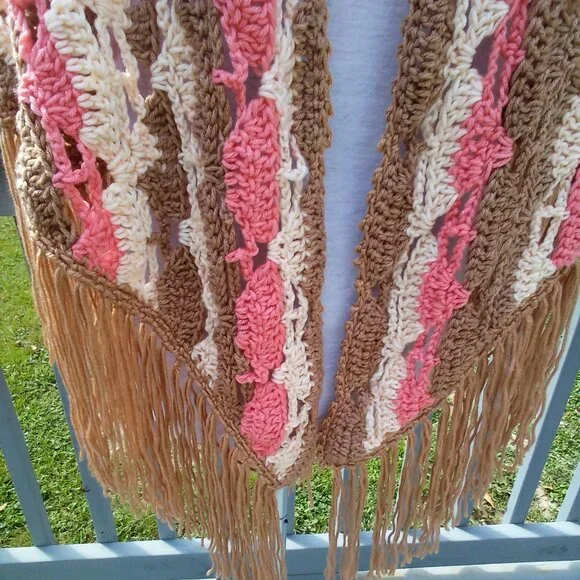 Handed Crafted Crochet Shawl, Color Tan, Cream and Coral, One size fit most. - Picture 2 of 6